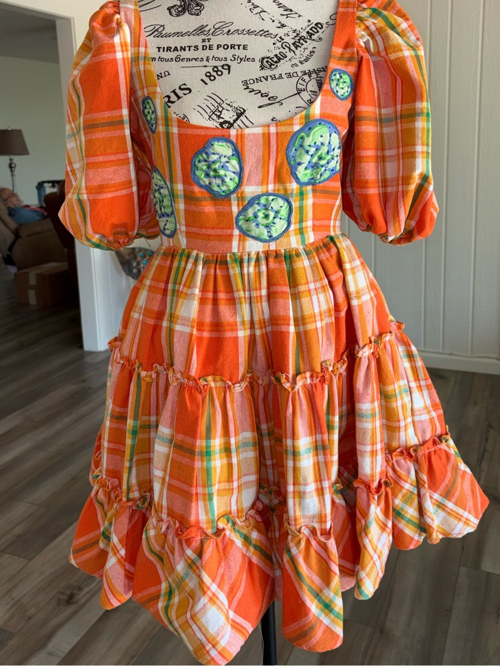 Roopa Pemmaraju orange plaid embroidered dress XS